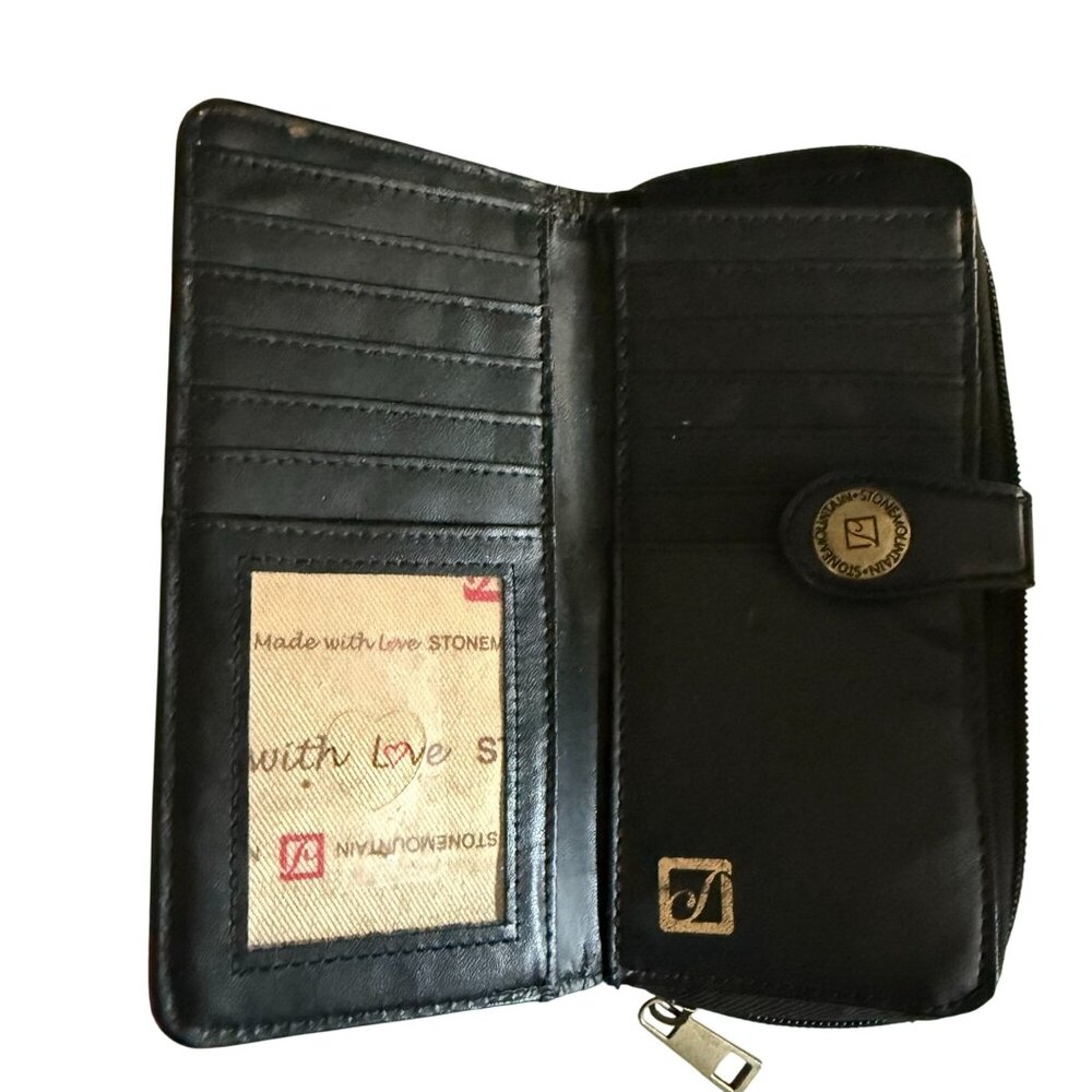 Stone Mountain Leather Zip Around Clutch Genuine Pebble Leather Wallet Black - Picture 7 of 7